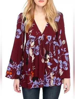 Free People Bella Wine Floral V Neck Tunic Shirt Top Small Oversized